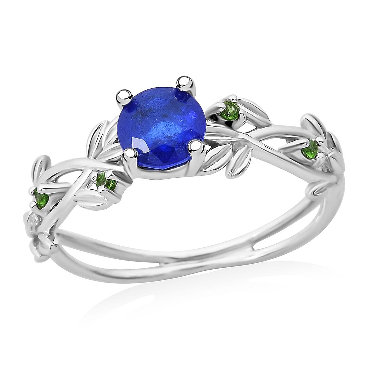 Tanzanian Blue Spinel (DF), Chrome Diopside Ring in Rhodium Over Sterling Silver (Size 10.0) 1.15 ctw