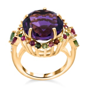 Floral Cut Premium African Amethyst and Multi Gemstone 11.20 ctw Gilded Garden Ring in Vermeil Yellow Gold Over Sterling Silver (Size 10.0)