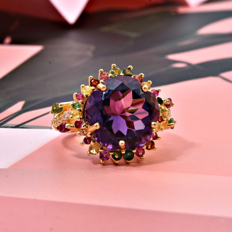 Floral Cut Premium African Amethyst and Multi Gemstone 11.20 ctw Gilded Garden Ring in Vermeil Yellow Gold Over Sterling Silver (Size 10.0)