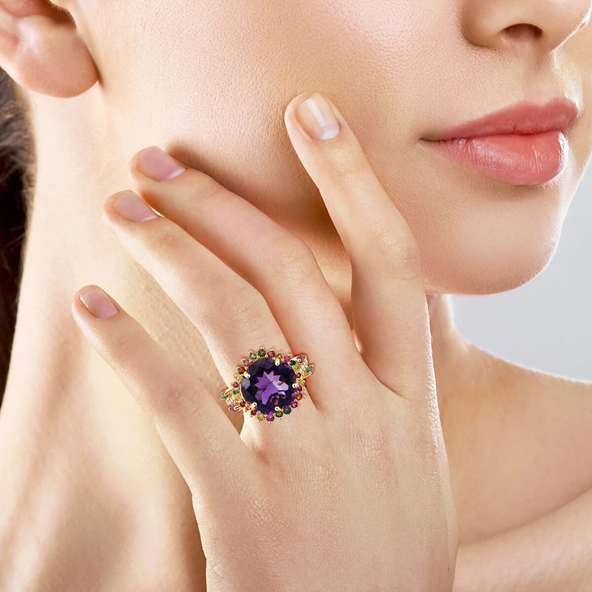 Floral Cut Premium African Amethyst and Multi Gemstone 11.20 ctw Gilded Garden Ring in Vermeil Yellow Gold Over Sterling Silver (Size 10.0) image number 2