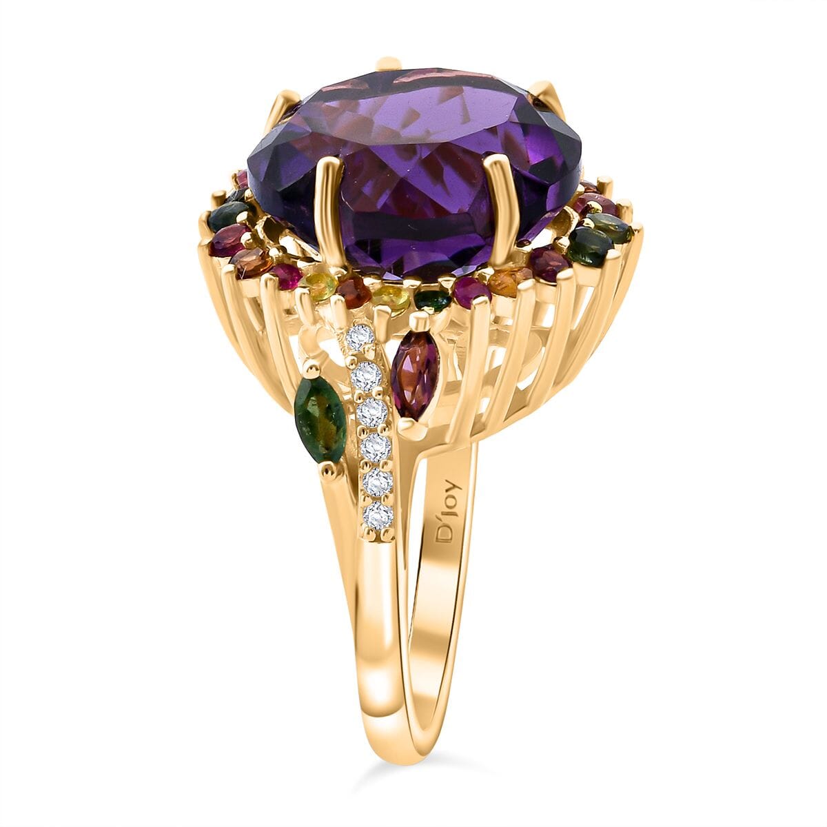 Floral Cut Premium African Amethyst and Multi Gemstone 11.20 ctw Gilded Garden Ring in Vermeil Yellow Gold Over Sterling Silver (Size 7.0) image number 3