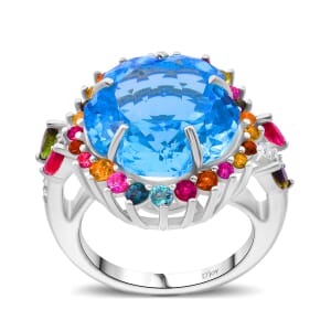 Floral Cut Premium Sky Blue Topaz and Multi Gemstone 14.50 ctw Gilded Garden Ring in Rhodium Over Sterling Silver (Size 10.0)