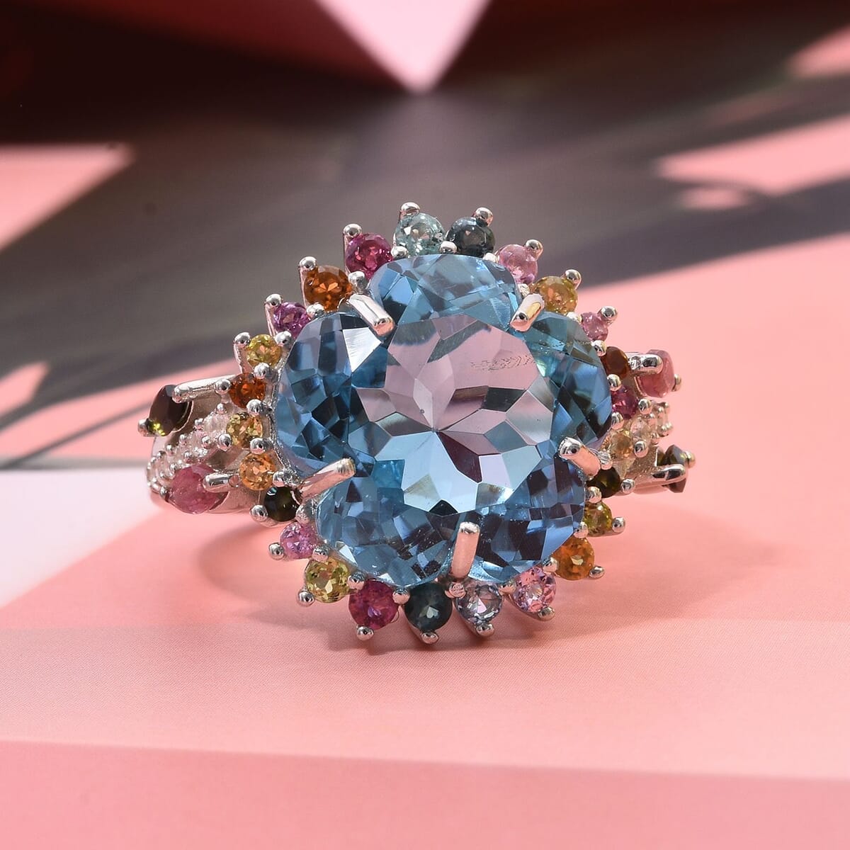 Floral Cut Premium Sky Blue Topaz and Multi Gemstone 14.50 ctw Gilded Garden Ring in Rhodium Over Sterling Silver (Size 10.0) image number 1