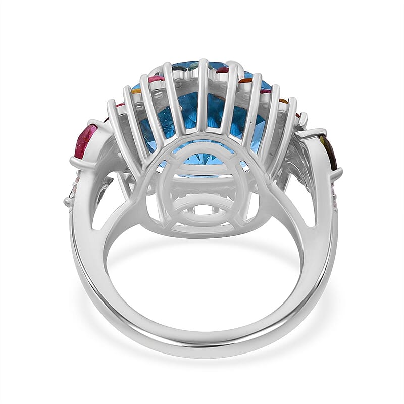 Floral Cut Premium Sky Blue Topaz and Multi Gemstone 14.50 ctw Gilded Garden Ring in Rhodium Over Sterling Silver (Size 6.0)