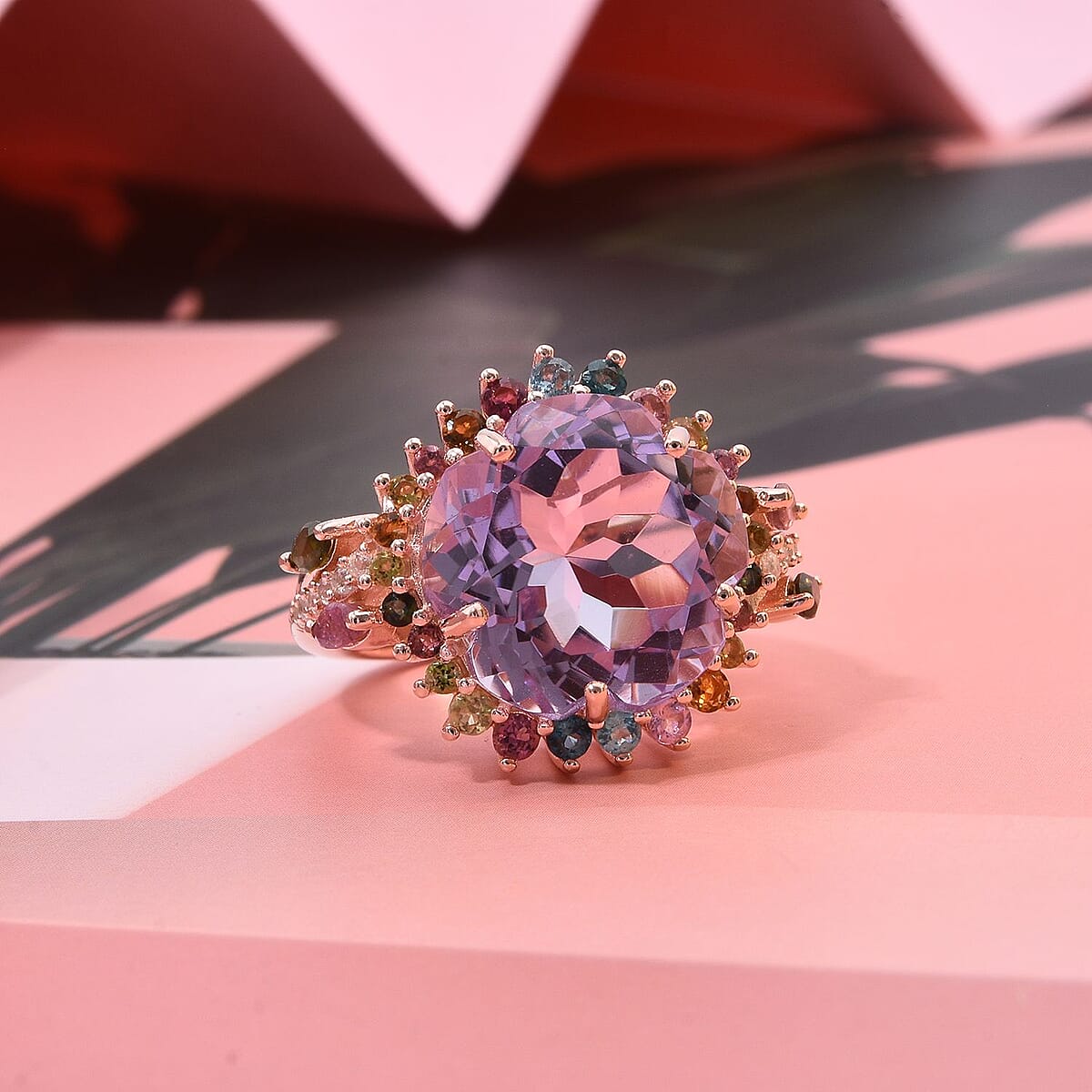 Floral Cut Premium Rose De France Amethyst and Multi Gemstone 11.25 ctw Gilded Garden Ring in Vermeil Rose Gold Over Sterling Silver (Size 10.0) image number 1