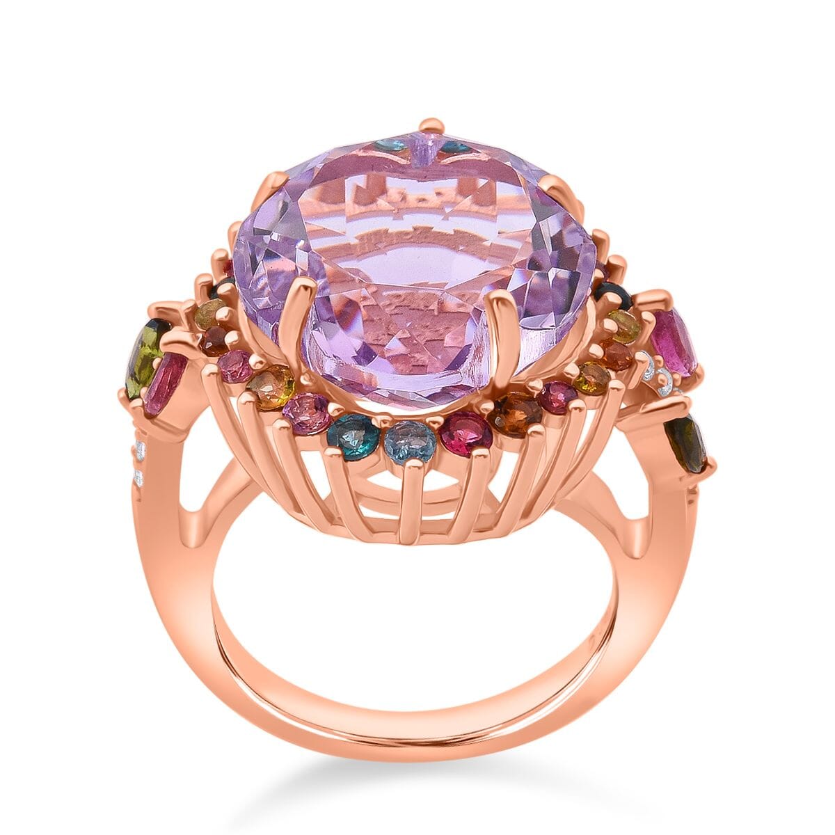 Floral Cut Premium Rose De France Amethyst and Multi Gemstone 11.25 ctw Gilded Garden Ring in Vermeil Rose Gold Over Sterling Silver (Size 8.0) image number 0