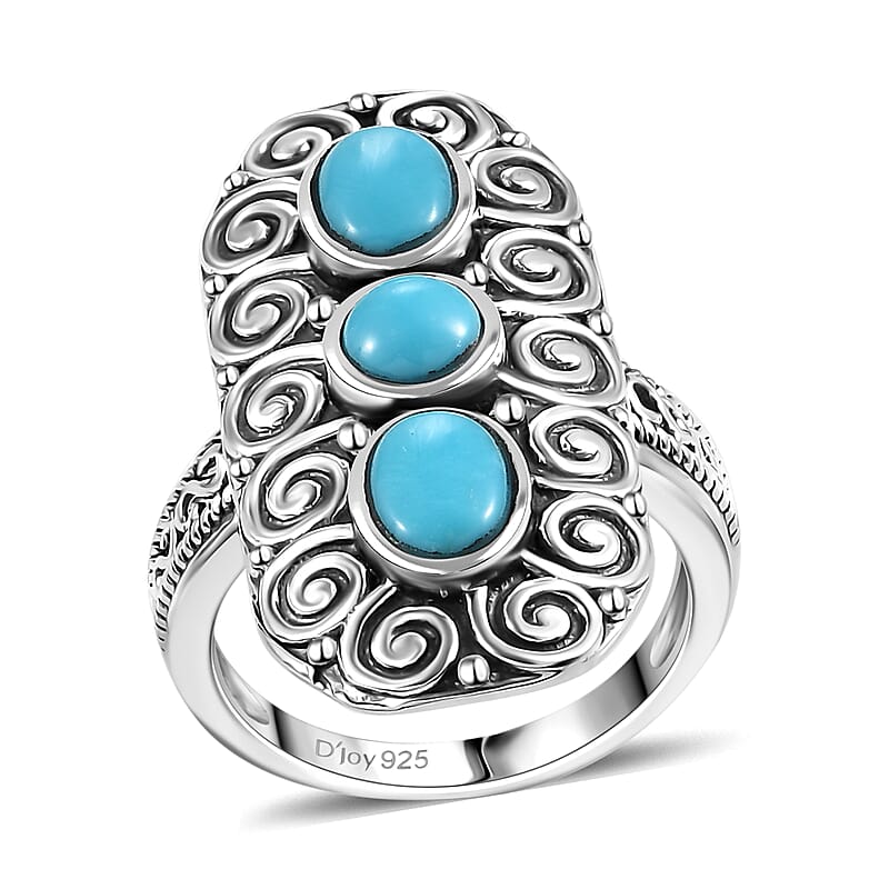 Indian Artisan Crafted Sleeping Beauty Turquoise 2.20 ctw 3 Stone Ring in Black Oxidized Sterling Silver (Size 10.0) 