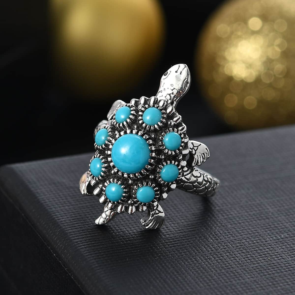 Artisan Crafted Sleeping Beauty Turquoise 1.85 ctw Turtle Ring in Black Oxidized Sterling Silver (Size 7.0) image number 1