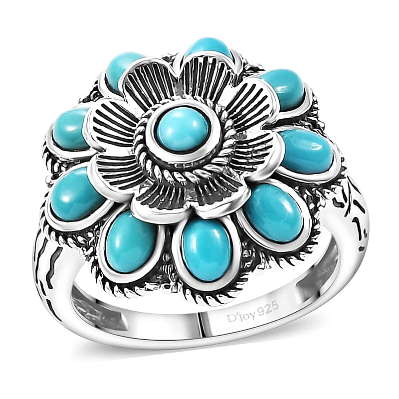D'Joy Indian Artisan Crafted Sleeping Beauty Turquoise 1.50 ctw Floral Ring in Black Oxidized Sterling Silver (Size 10.0)