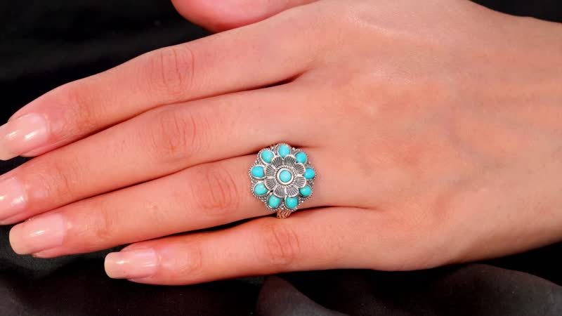 Sleeping Beauty Turquoise Floral Ring in Black Oxidized Sterling Silver (Size 10.0) 1.50 ctw
