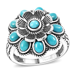 Indian Artisan Crafted Sleeping Beauty Turquoise 1.50 ctw Floral Ring in Black Oxidized Sterling Silver (Size 5.0)