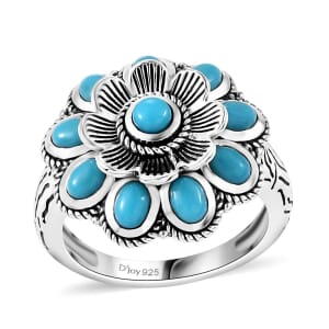 Indian Artisan Crafted Sleeping Beauty Turquoise 1.50 ctw Floral Ring in Black Oxidized Sterling Silver (Size 7.0)