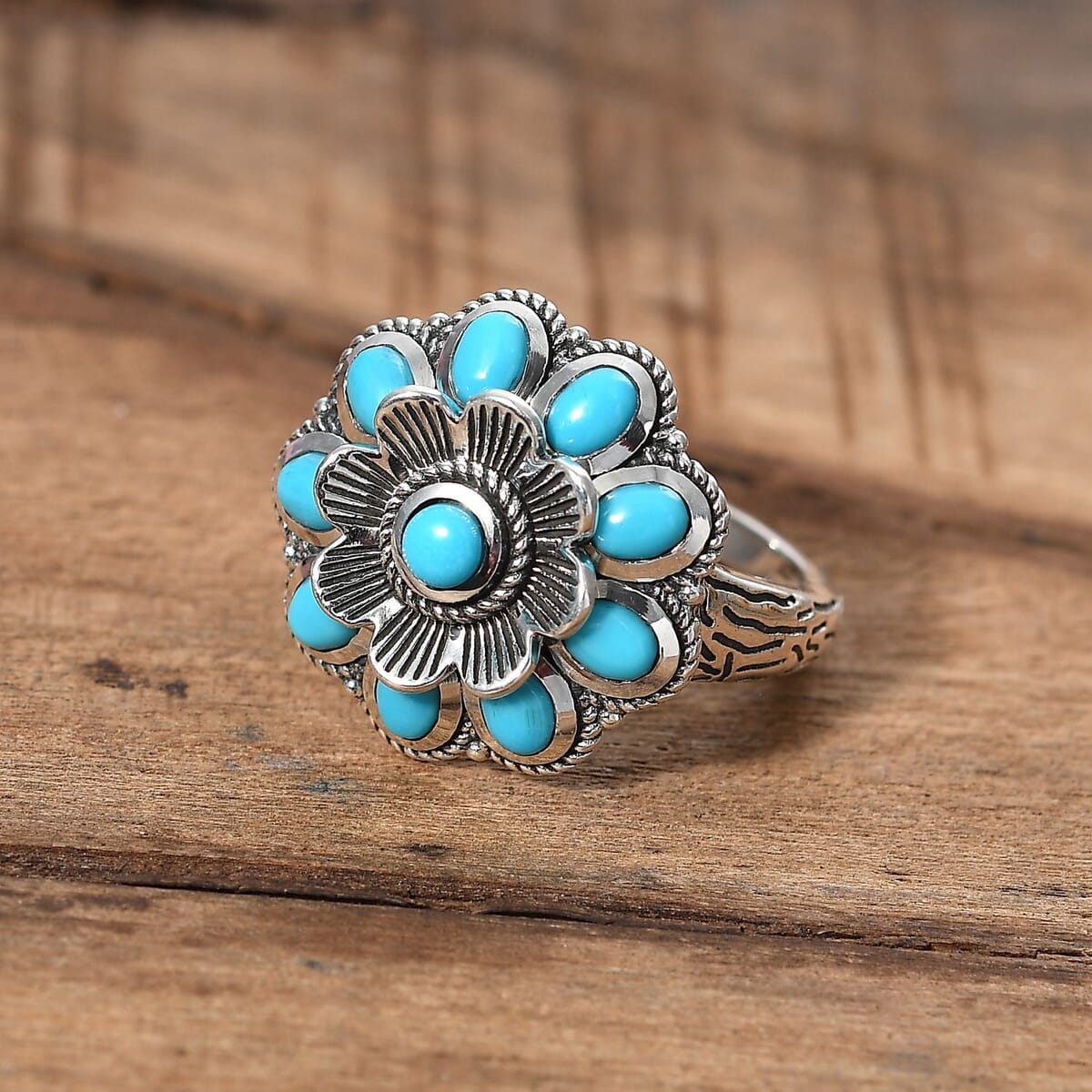 Indian Artisan Crafted Sleeping Beauty Turquoise 1.50 ctw Floral Ring in Black Oxidized Sterling Silver (Size 7.0) image number 1