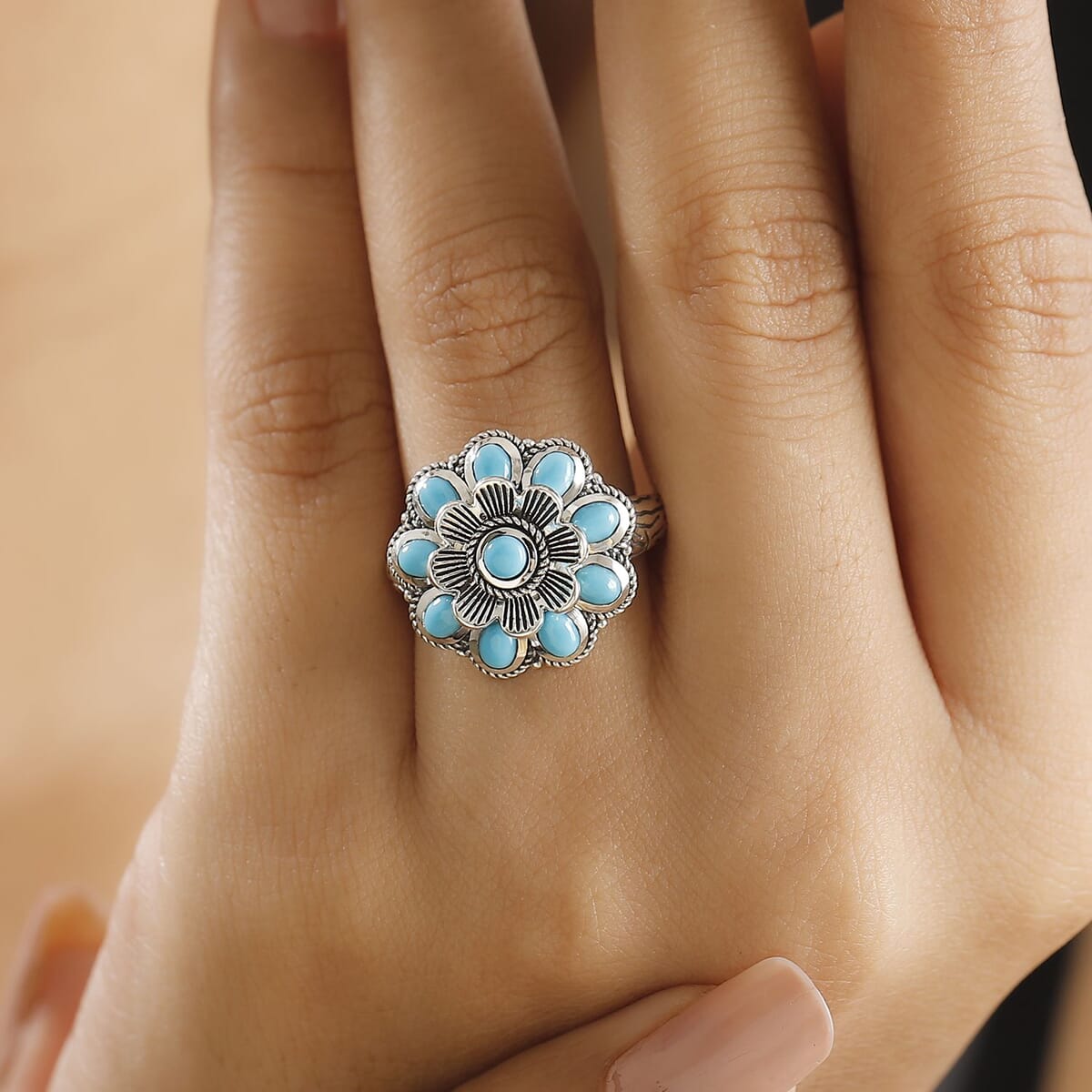 Indian Artisan Crafted Sleeping Beauty Turquoise 1.50 ctw Floral Ring in Black Oxidized Sterling Silver (Size 7.0) image number 2