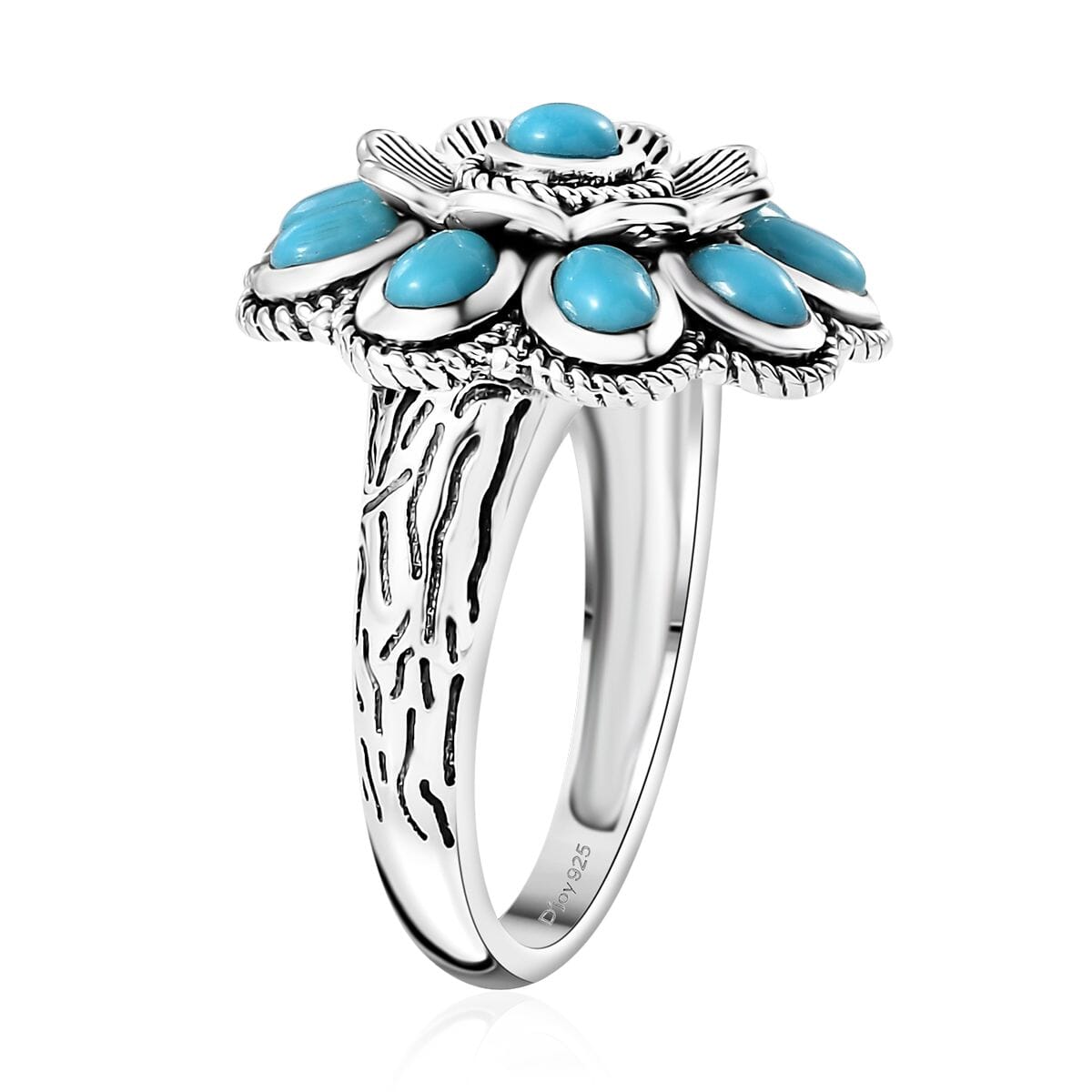 Indian Artisan Crafted Sleeping Beauty Turquoise 1.50 ctw Floral Ring in Black Oxidized Sterling Silver (Size 7.0) image number 3