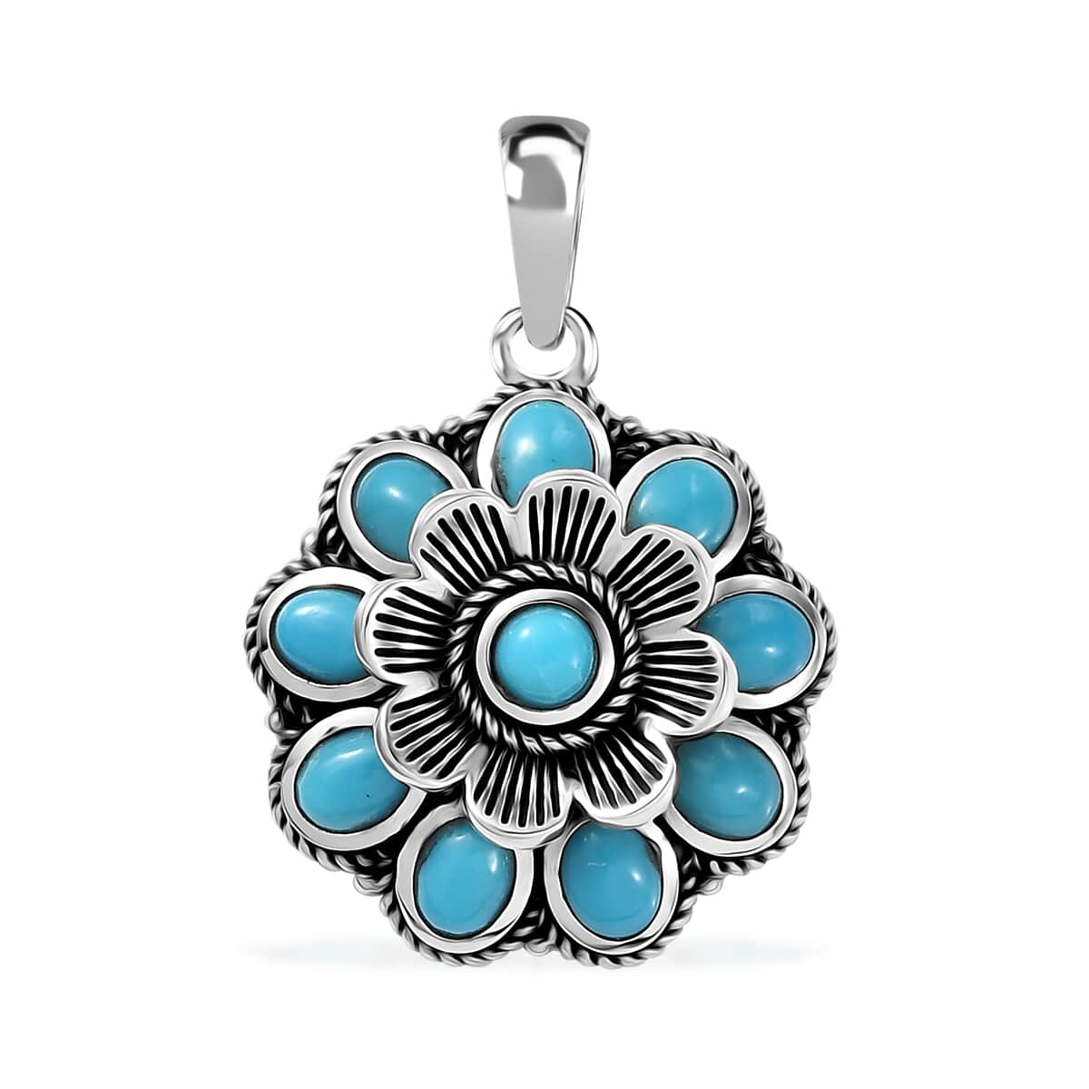 Artisan Crafted Sleeping Beauty Turquoise 1.70 ctw Floral Pendant in Black Oxidized Sterling Silver image number 0