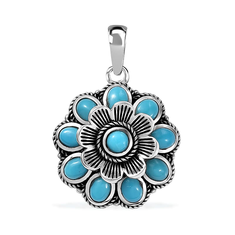 D'Joy Artisan Crafted Sleeping Beauty Turquoise 1.70 ctw Floral Pendant without Chain in Black Oxidized Sterling Silver