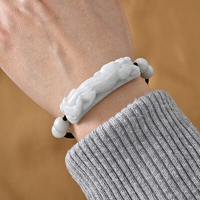Natural Jade 110.00 ctw Carved Pixiu Bracelet in Rope Cord (6-9inch)