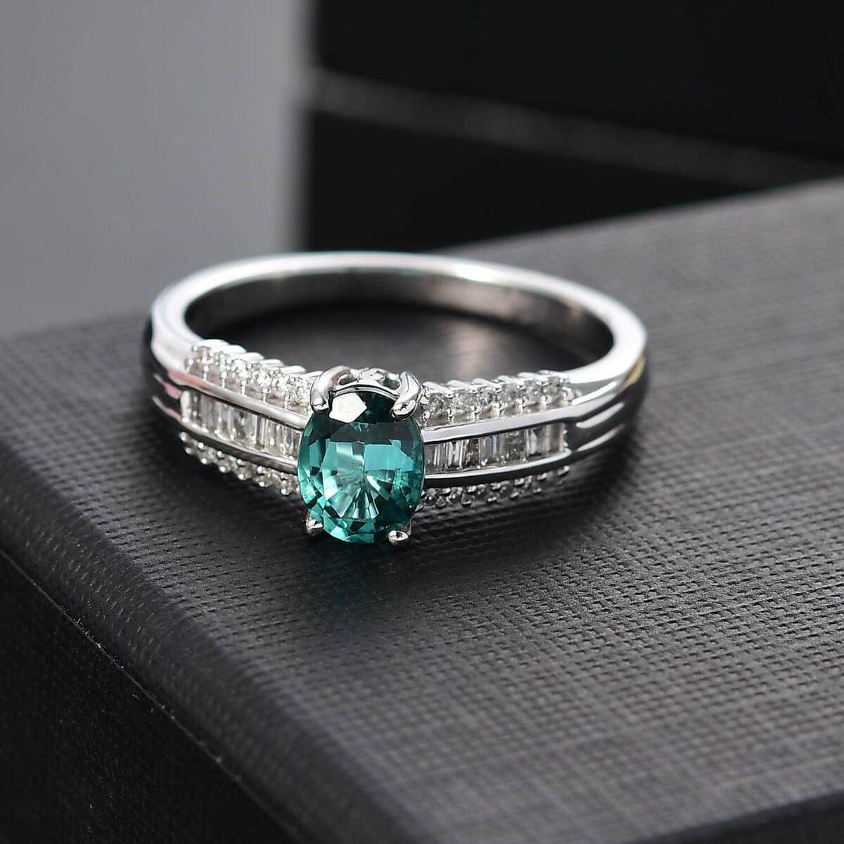 Luxoro Premium Pirineu Lagoon Tourmaline and G-H I2 Diamond 1.30 ctw Azure Grace Ring in 10K White Gold (Size 10.0) image number 1