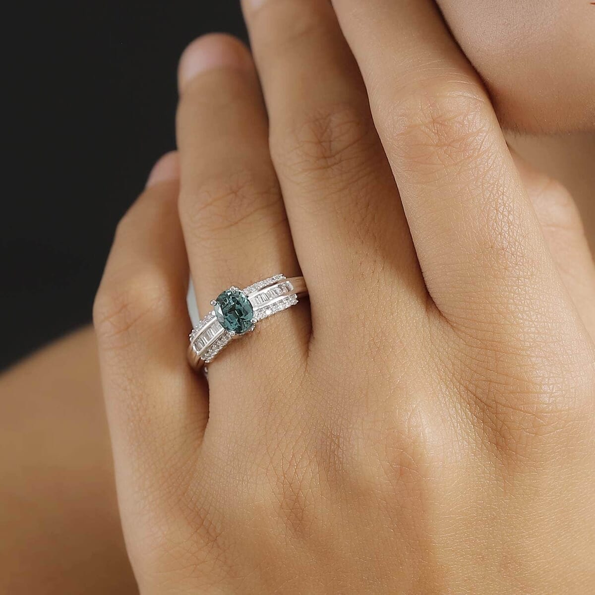 Luxoro Premium Pirineu Lagoon Tourmaline and G-H I2 Diamond 1.30 ctw Azure Grace Ring in 10K White Gold (Size 10.0) image number 2