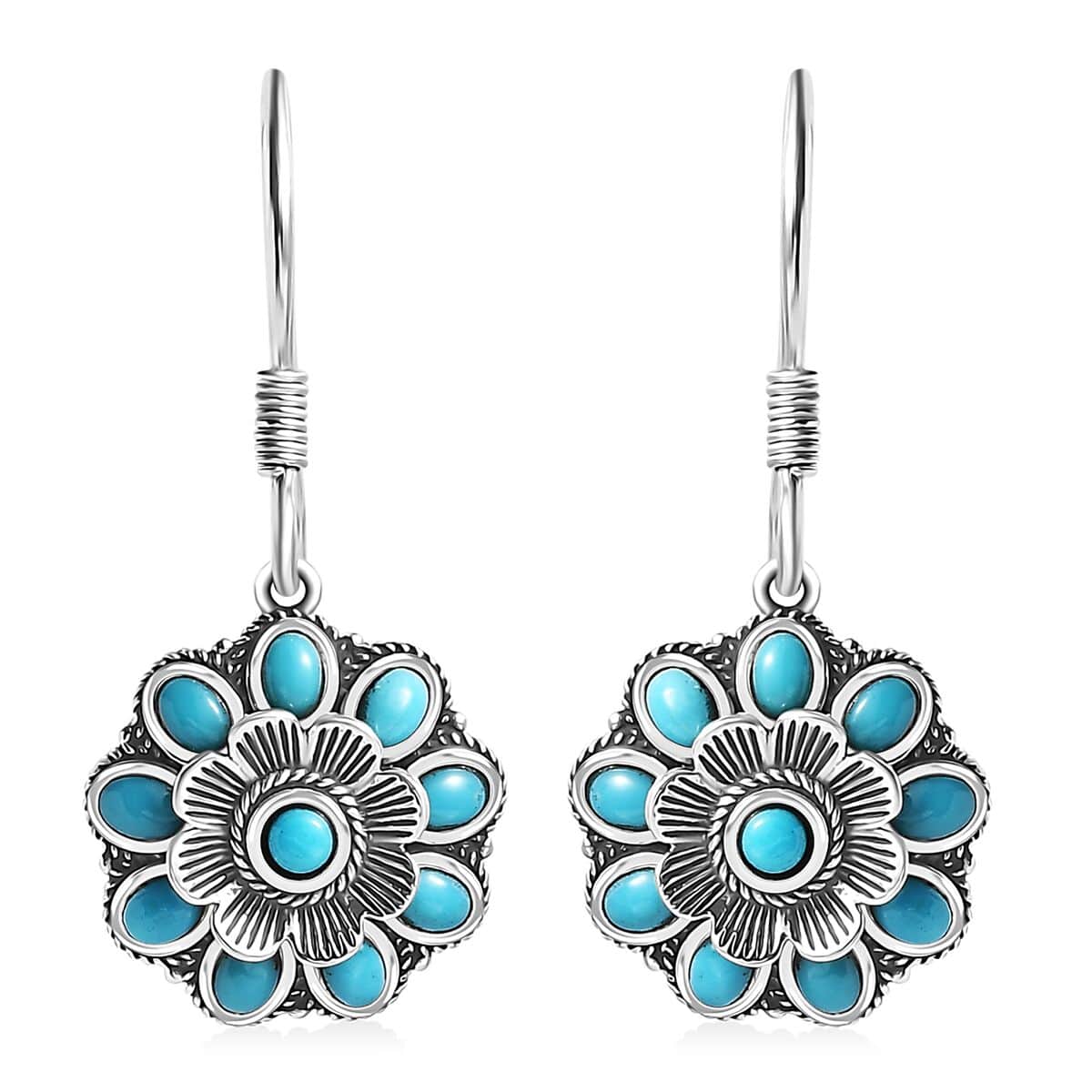 Artisan Crafted Sleeping Beauty Turquoise 1.65 ctw Floral Earrings in Black Oxidized Sterling Silver image number 0