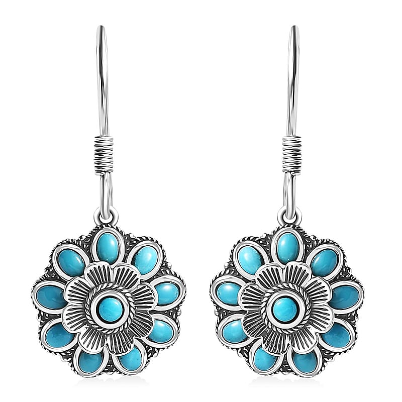D'Joy Artisan Crafted Sleeping Beauty Turquoise 1.65 ctw Floral Earrings in Black Oxidized Sterling Silver