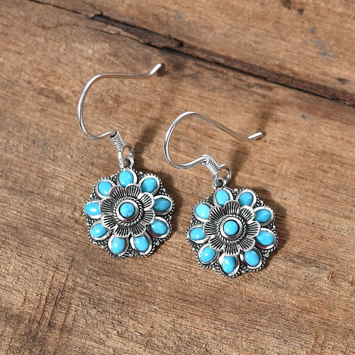 Artisan Crafted Sleeping Beauty Turquoise 1.65 ctw Floral Earrings in Black Oxidized Sterling Silver image number 1