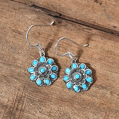 D'Joy Artisan Crafted Sleeping Beauty Turquoise 1.65 ctw Floral Earrings in Black Oxidized Sterling Silver
