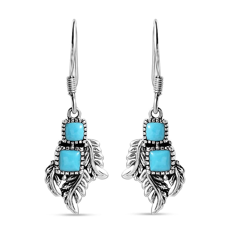 D'Joy Artisan Crafted Sleeping Beauty Turquoise 1.90 ctw Leaf Earrings in Black Oxidized Sterling Silver