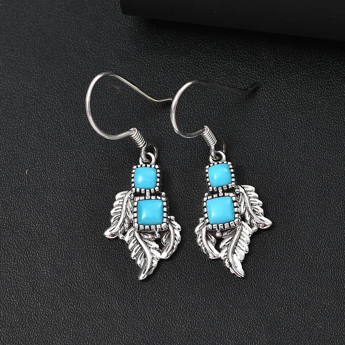 Artisan Crafted Sleeping Beauty Turquoise 1.90 ctw Leaf Earrings in Black Oxidized Sterling Silver image number 1