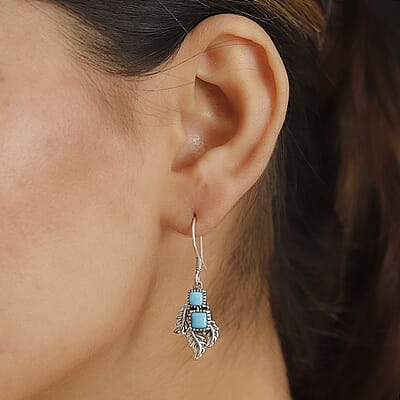 D'Joy Artisan Crafted Sleeping Beauty Turquoise 1.90 ctw Leaf Earrings in Black Oxidized Sterling Silver