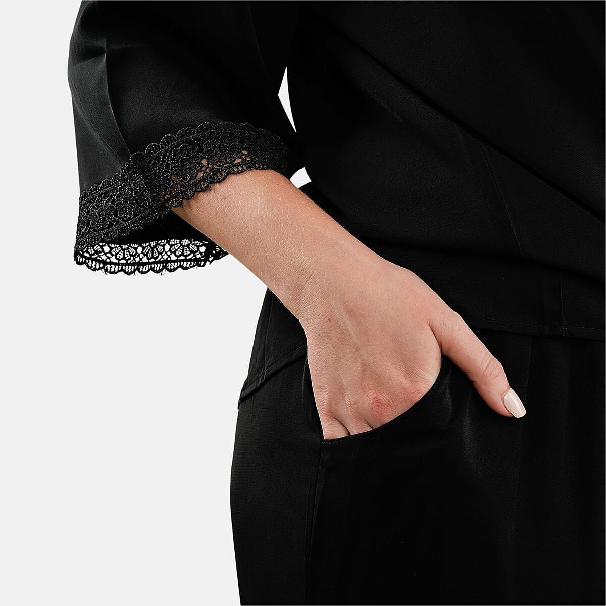 Tamsy Black 2 Piece Lace Top and Pant Set - M/L image number 4