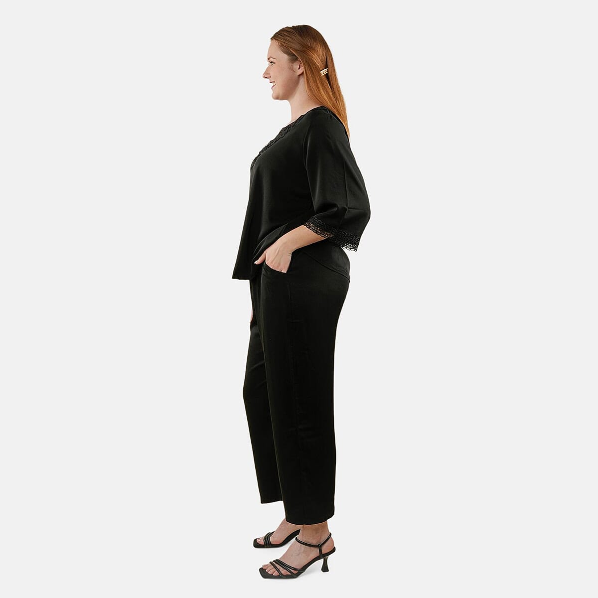 Tamsy Black 2 Piece Lace Top and Pant Set - L/XL image number 2