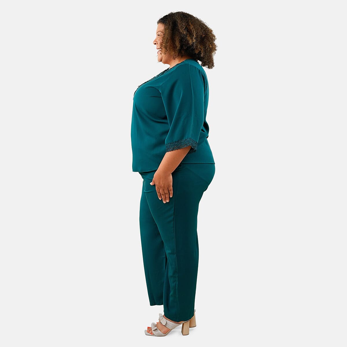 Tamsy Teal 2 Piece Lace Top and Pant Set - M/L image number 2