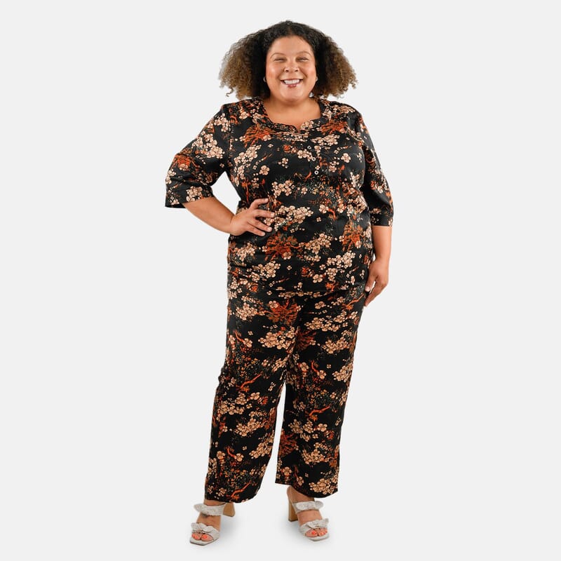 Tamsy Black Floral 2 Piece Button Placket Digitally Printed Top and Pant Set - M/L