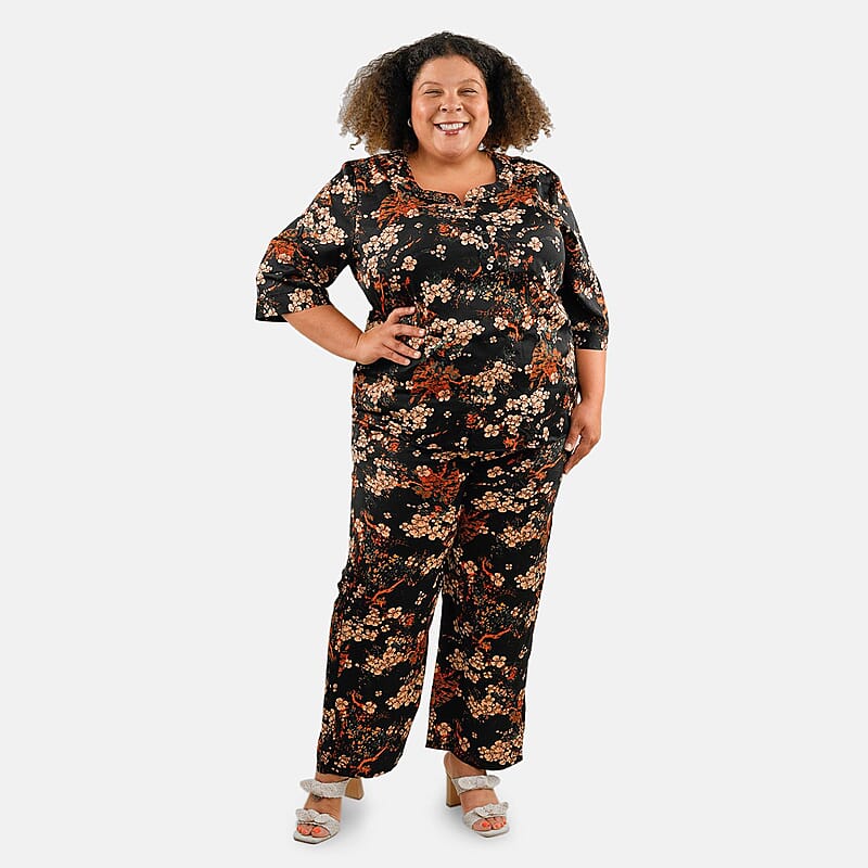 Tamsy Black Floral 2 Piece Button Placket Digitally Printed Top and Pant Set - M/L