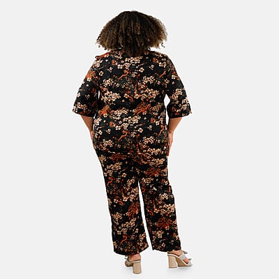 Tamsy Black Floral 2 Piece Button Placket Digitally Printed Top and Pant Set - M/L