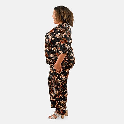 Tamsy Black Floral 2 Piece Button Placket Digitally Printed Top and Pant Set - M/L