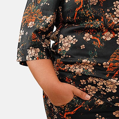 Tamsy Black Floral 2 Piece Button Placket Digitally Printed Top and Pant Set - M/L