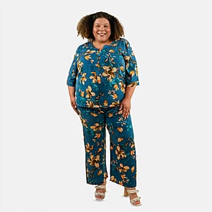 Tamsy Blue Floral 2 Piece Button Placket Digitally Printed Top and Pant Set - M/L