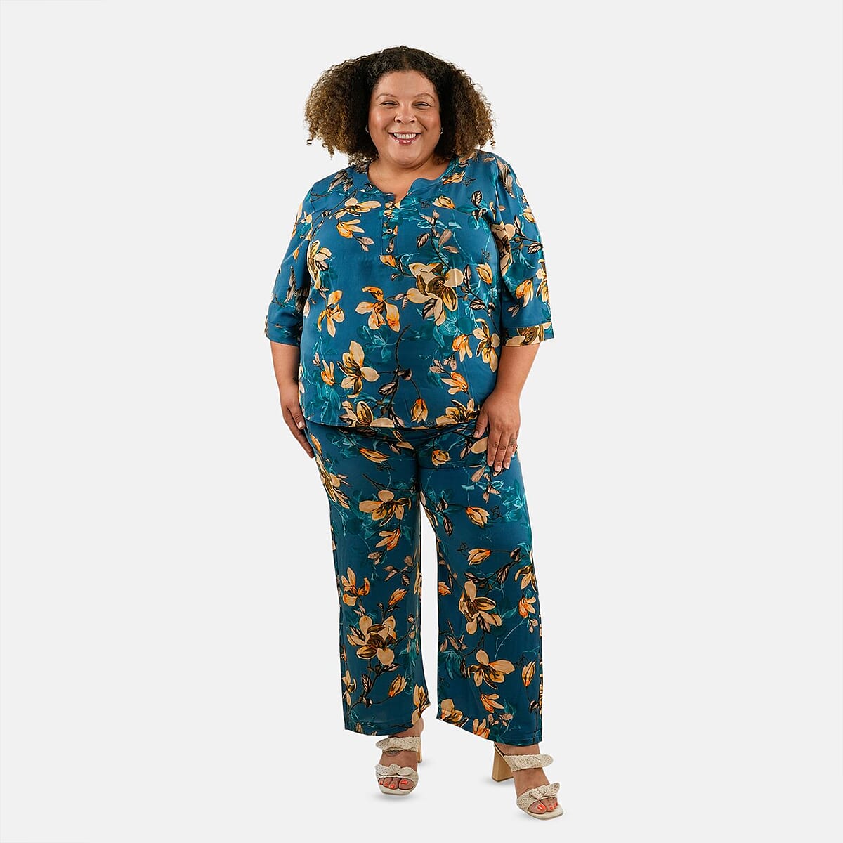 Tamsy Blue Floral 2 Piece Button Placket Digitally Printed Top and Pant Set - L/XL image number 0