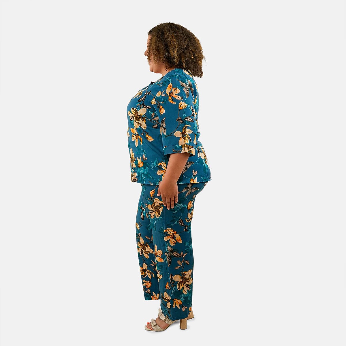 Tamsy Blue Floral 2 Piece Button Placket Digitally Printed Top and Pant Set - L/XL image number 2