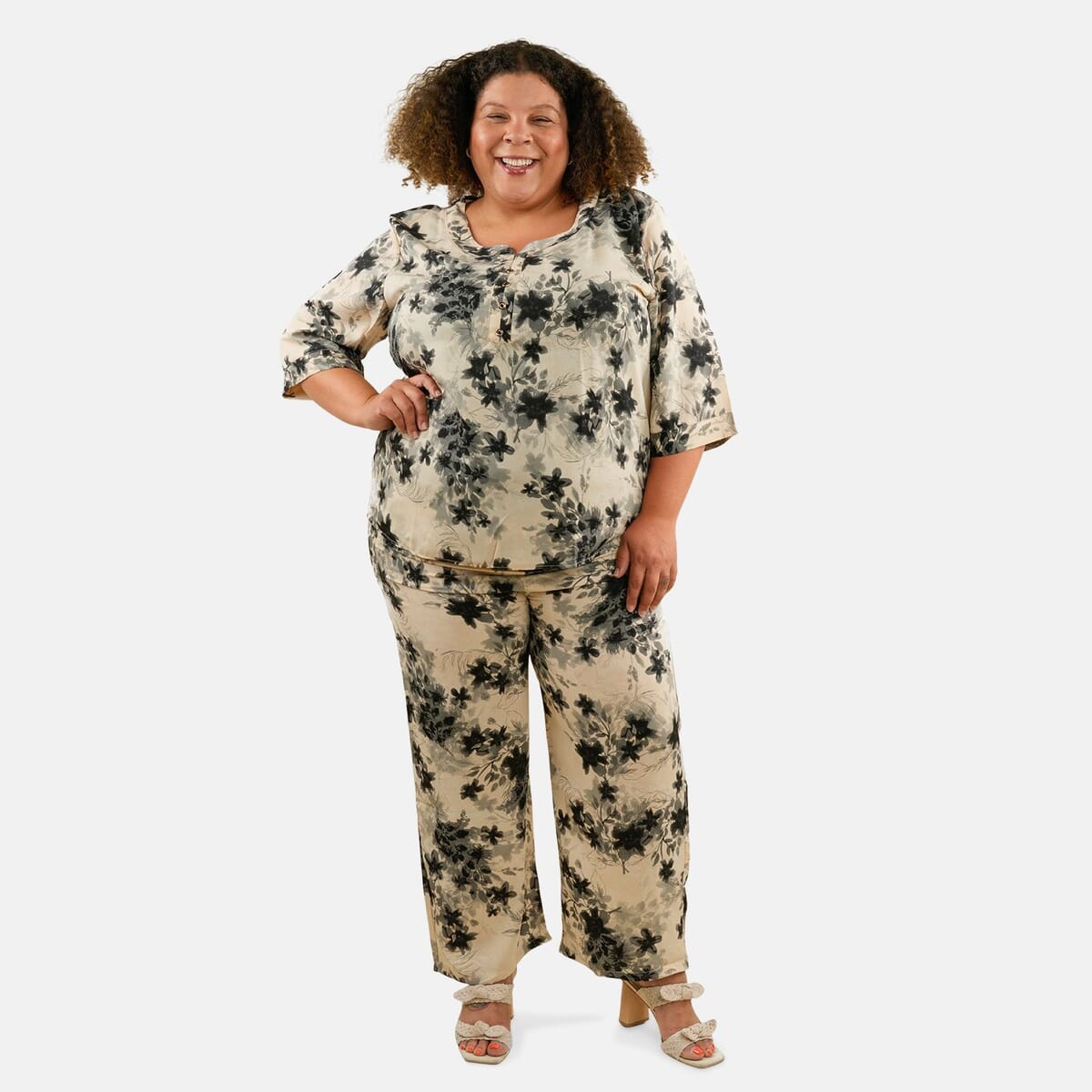 TAMSY Beige Floral 2 Piece Lace Top and Pant Set - M/L image number 0