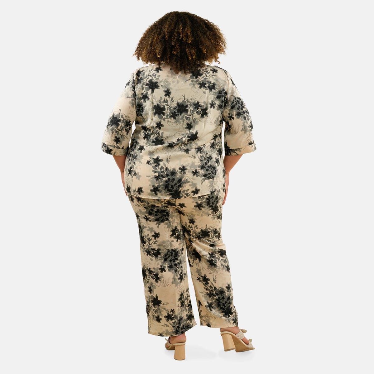 TAMSY Beige Floral 2 Piece Lace Top and Pant Set - M/L image number 1