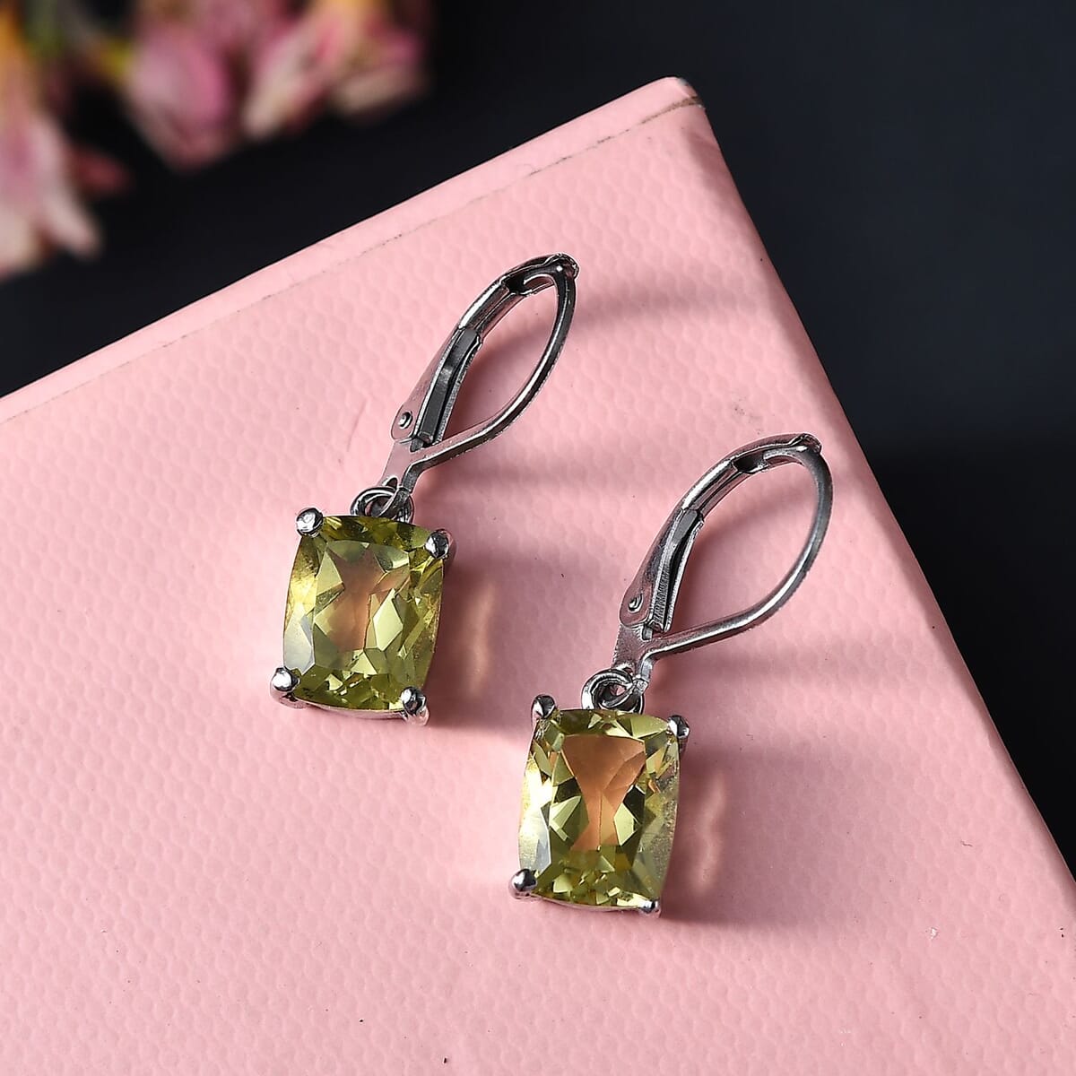 Green Gold Quartz 4.50 ctw Lever Back Earrings in Stainless Steel image number 1