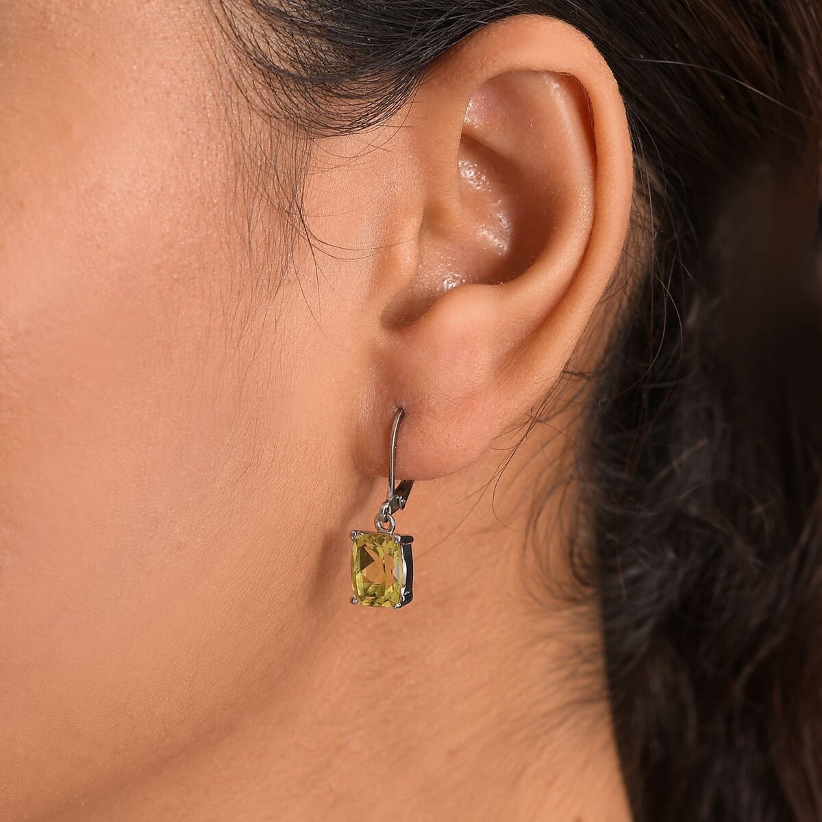 Green Gold Quartz 4.50 ctw Lever Back Earrings in Stainless Steel image number 2
