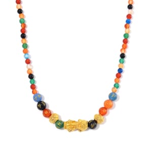 Agate and Black Obsidian Feng Shui Beaded Pixiu 210.00 ctw Necklace 18-20 Inches in Goldtone