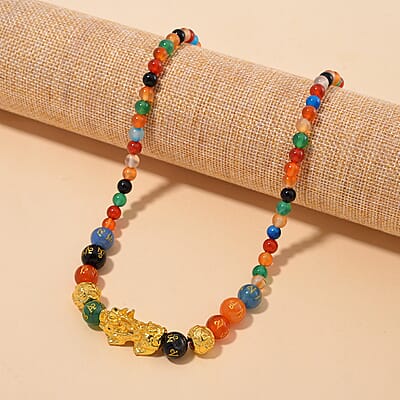 Agate and Black Obsidian Feng Shui Beaded Pixiu 210.00 ctw Necklace 18-20 Inches in Goldtone