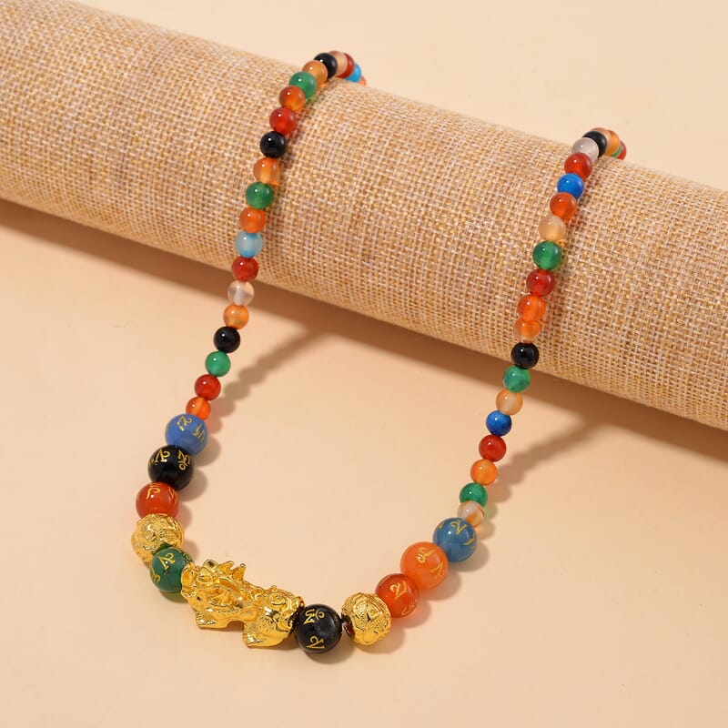 Agate and Black Obsidian Feng Shui Beaded Pixiu 210.00 ctw Necklace 18-20 Inches in Goldtone