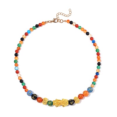Agate and Black Obsidian Feng Shui Beaded Pixiu 210.00 ctw Necklace 18-20 Inches in Goldtone